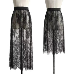 Two black lace skirts on mannequins against a white background
