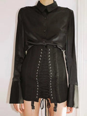 Mini Skirt Women Gothic Y2K Vintage Punk Patchwork High Waist Bodycon Eyelet Lace-Up Aesthetic Fashion