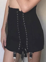 Mini Skirt Women Gothic Y2K Vintage Punk Patchwork High Waist Bodycon Eyelet Lace-Up Aesthetic Fashion