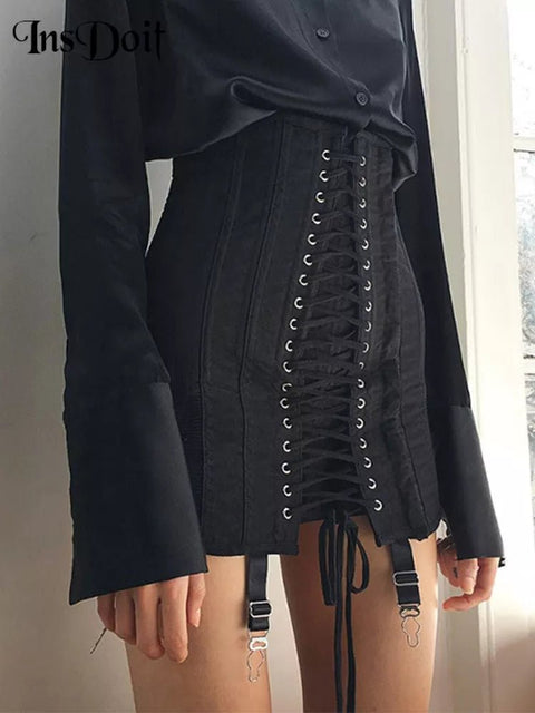 Mini Skirt Women Gothic Y2K Vintage Punk Patchwork High Waist Bodycon Eyelet Lace-Up Aesthetic Fashion