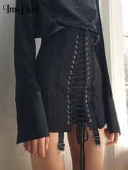 Mini Skirt Women Gothic Y2K Vintage Punk Patchwork High Waist Bodycon Eyelet Lace-Up Aesthetic Fashion