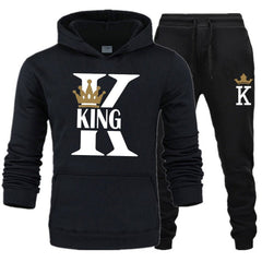 King Queen Print Hoodie & Pants Set Unisex 2-Piece Plus Size Couple Casual Sportswear Fashion