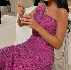 Pink Mermaid Lace Prom Dress Beaded Strapless Floor Length Evening Gown Formal Women Long