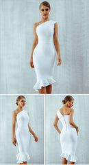 One Shoulder Open Back Ruffle Midi Dress Women Slim Elegant Party Casual Fashion Dress