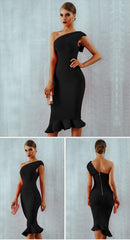 One Shoulder Open Back Ruffle Midi Dress Women Slim Elegant Party Casual Fashion Dress