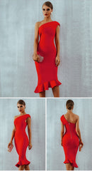 One Shoulder Open Back Ruffle Midi Dress Women Slim Elegant Party Casual Fashion Dress