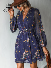 Long Sleeve Floral Print Chiffon Mini Dress Women V-Neck Casual Elegant Party Fashion Dress