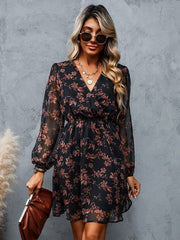 Long Sleeve Floral Print Chiffon Mini Dress Women V-Neck Casual Elegant Party Fashion Dress