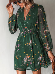 Long Sleeve Floral Print Chiffon Mini Dress Women V-Neck Casual Elegant Party Fashion Dress
