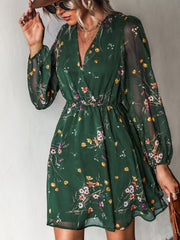 Long Sleeve Floral Print Chiffon Mini Dress Women V-Neck Casual Elegant Party Fashion Dress