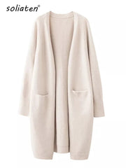 V-Neck Knit Cardigan Women Loose Thick Warm Pockets Spring Autumn Winter Casual Cozy Fashion