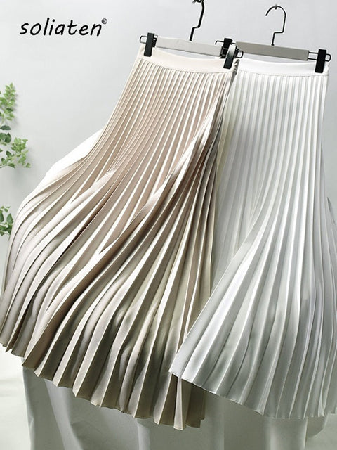 High Waist Pleated Midi Skirt Women Elegant Solid Chiffon Lined Chic Spring Autumn Winter Fashion