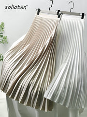 High Waist Pleated Midi Skirt Women Elegant Solid Chiffon Lined Chic Spring Autumn Winter Fashion
