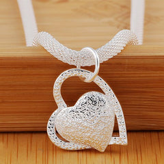 Double Heart Pendant Necklace Women 925 Sterling Silver 18 Inch Zircon Elegant Jewelry Gift