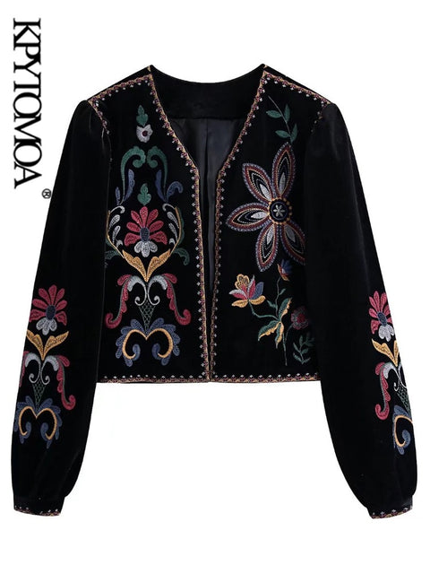 Velvet Embroidered Blazer Women Vintage Cropped Open Front Boho Casual Chic Outerwear Fashion