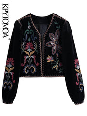 Velvet Embroidered Blazer Women Vintage Cropped Open Front Boho Casual Chic Outerwear Fashion