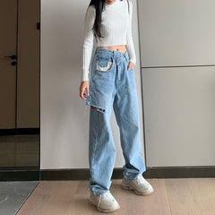 Asymmetric Waist Ripped Jeans Women Loose Fit Light Blue Casual Streetwear Fashion Denim