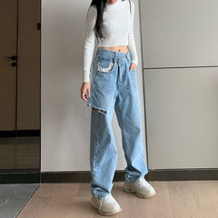 Asymmetric Waist Ripped Jeans Women Loose Fit Light Blue Casual Streetwear Fashion Denim