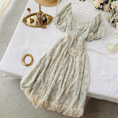 Floral Puff Sleeve Tea Dress Women Vintage Bodycon Lace Mesh Ruffle Casual Summer Fashion