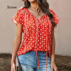 Floral Print Chiffon Blouse Women V-Neck Casual Elegant Spring Summer Beach Vacation Fashion