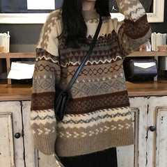 Retro Academia Knit Pullover Sweater Women Loose Korean Style Vintage Casual Winter Fashion