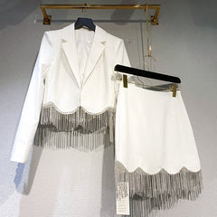 Sexy Rhinestone Tassel High Waist Short Suit Jacket + Mini Skirt 2 Piece Set