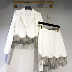 High Waist Rhinestone Tassel Suit Jacket & Mini Skirt Set Women 2-Piece Elegant Party Fashion