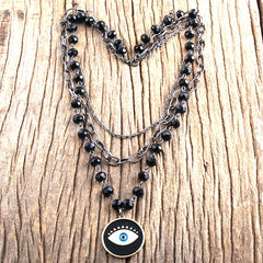Black Glass Rosary Cross Pendant Necklace Chain Link Elegant Fashion Jewelry Gift