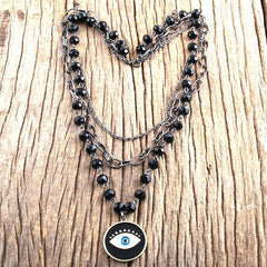 Black Glass Rosary Cross Pendant Necklace Chain Link Elegant Fashion Jewelry Gift