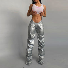 Faux Leather Shiny Pants Women Solid Irregular Shape Casual Club Party Fashion Trousers