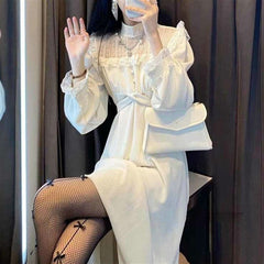 Puff Long Sleeve Lace Midi Dress Women French Vintage Elegant A-Line Casual Fashion Dress
