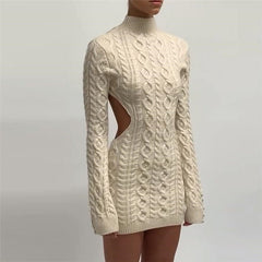 Turtleneck Backless Knit Mini Dress Women Soft Bodycon Stretch Casual Elegant Fashion Dress