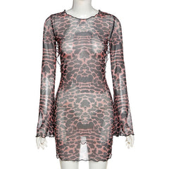 Women's Party Mini Dress Long Sleeve Sexy Open Back Leopard Sheath Dress