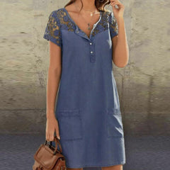 Denim Lace Midi Dress Women Short Sleeve V-Neck Button Pocket Party Casual Fashion Dress