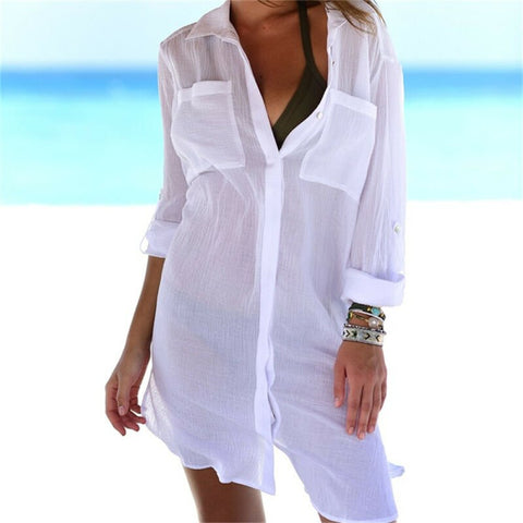 Crinkle Chiffon Button Down Cover Up Women Shirt Swimsuit Casual Beach Vacation Summer Fashion