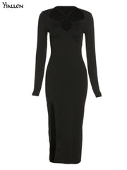 Cross Front Side Split Bodycon Midi Dress Women Black Slim Fit Elegant Party Fashion Dress