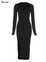 Cross Front Side Split Bodycon Midi Dress Women Black Slim Fit Elegant Party Fashion Dress