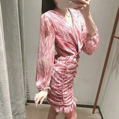 V-Neck Print Ruffle Sleeve Midi Dress Women Elegant Casual Party Summer Fashion Dress