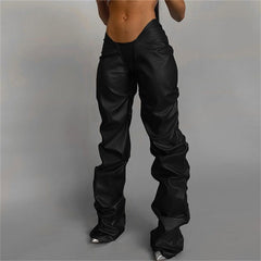 Faux Leather Shiny Pants Women Solid Irregular Shape Casual Club Party Fashion Trousers