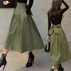 High Waist A-Line Midi Skirt Women Bow Slim Umbrella Elegant Casual Party Fashion Skirt