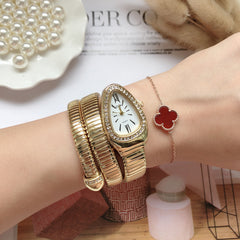 Women's Luxury Quartz Watch with Snake Design Bracelet Band Gold Silver & Rose Gold
