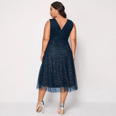Plus Size Sequin Contrast Mesh Midi Dress Women Sleeveless Elegant Party Fashion Dress