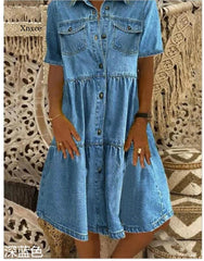 Plus Size Vintage Denim Maxi Dress Women Casual Boho Knee Length Beach Vacation Summer Fashion