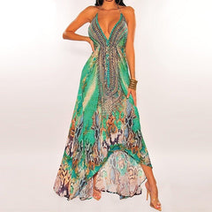 V-Neck Boho Retro Maxi Dress Women Long Casual Beach Vacation Summer Fashion Dress