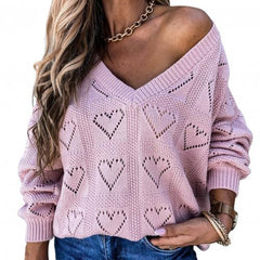 Women’s V-Neck Love Heart Hollow Casual Knit Sweater pink