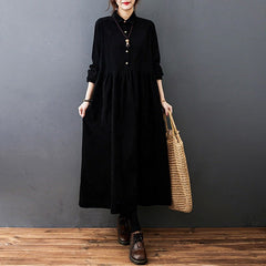 Corduroy Midi Dress Women Casual Loose Elegant Vintage Office Casual Fashion Dress