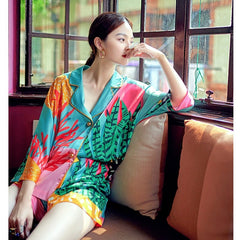 Silky Pajama Set Women Top Pants Home Wear Loungewear Nightwear Casual Comfortable Fashion