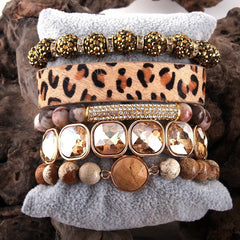 Leopard Leather Bracelet Set 5-Piece Handmade Women Casual Fashion Jewelry Gift