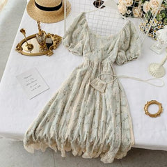 Floral Puff Sleeve Tea Dress Women Vintage Bodycon Lace Mesh Ruffle Casual Summer Fashion