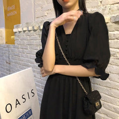 Puff Long Sleeve Midi Dress Women Elegant V-Neck Streetwear Party Casual Fashion Dress